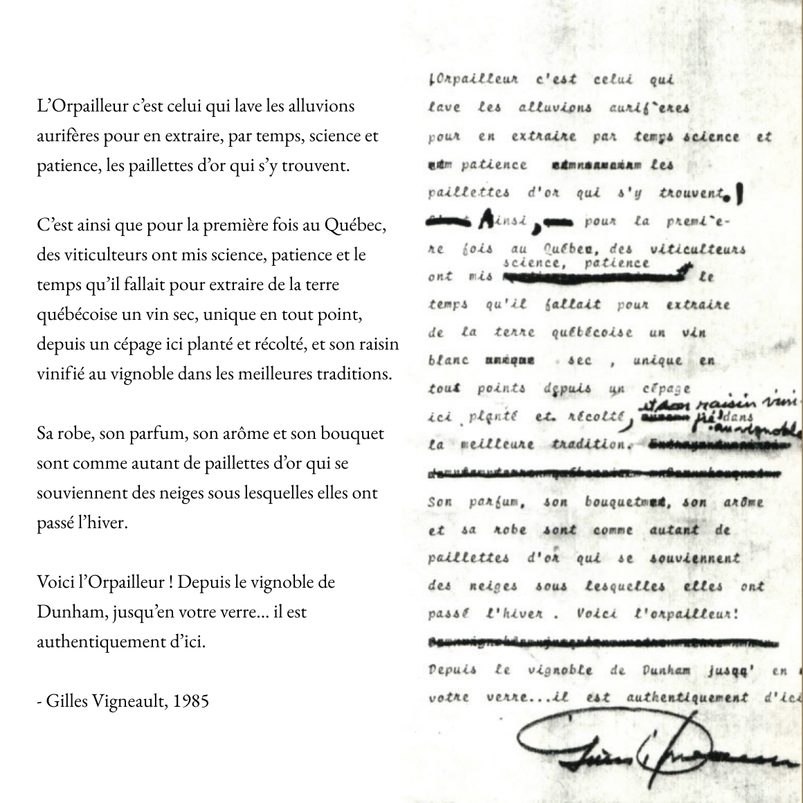 Manuscrit original de Gilles Vigneault pour le Vignoble de l’Orpailleur